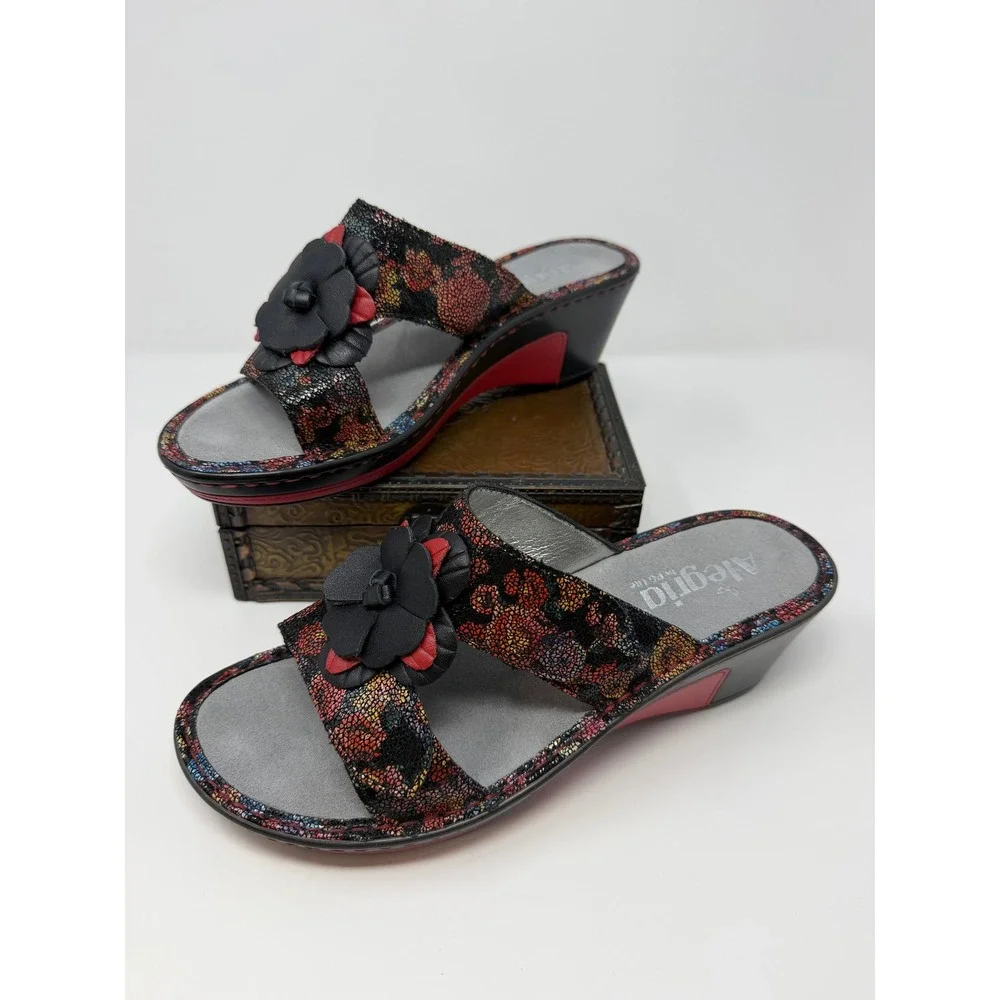 Alegria Lana 288 Women Wedge Sandals Floral Leather Slide Black Red Multi US 7.5